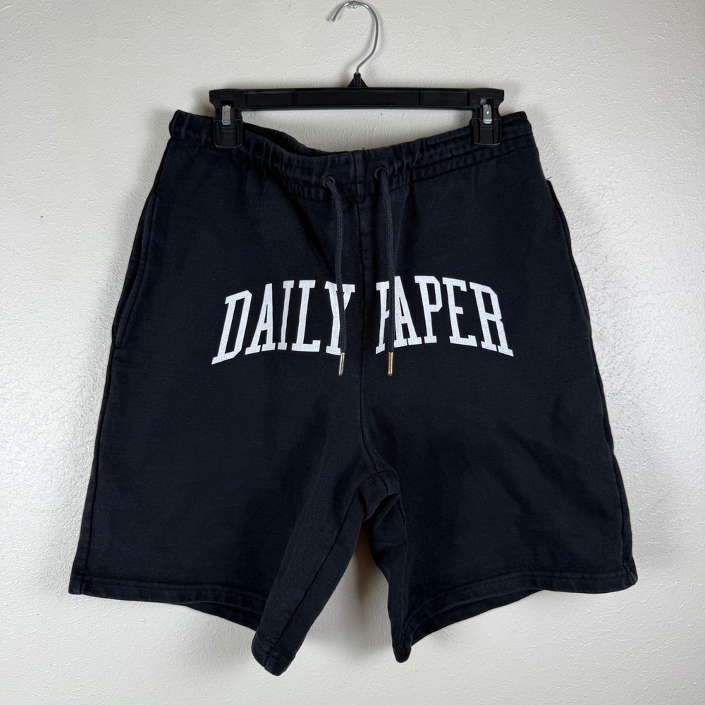 Daily Paper Mens Arch Logo Cotton Sweat Shorts Black Streetwear Size Medium